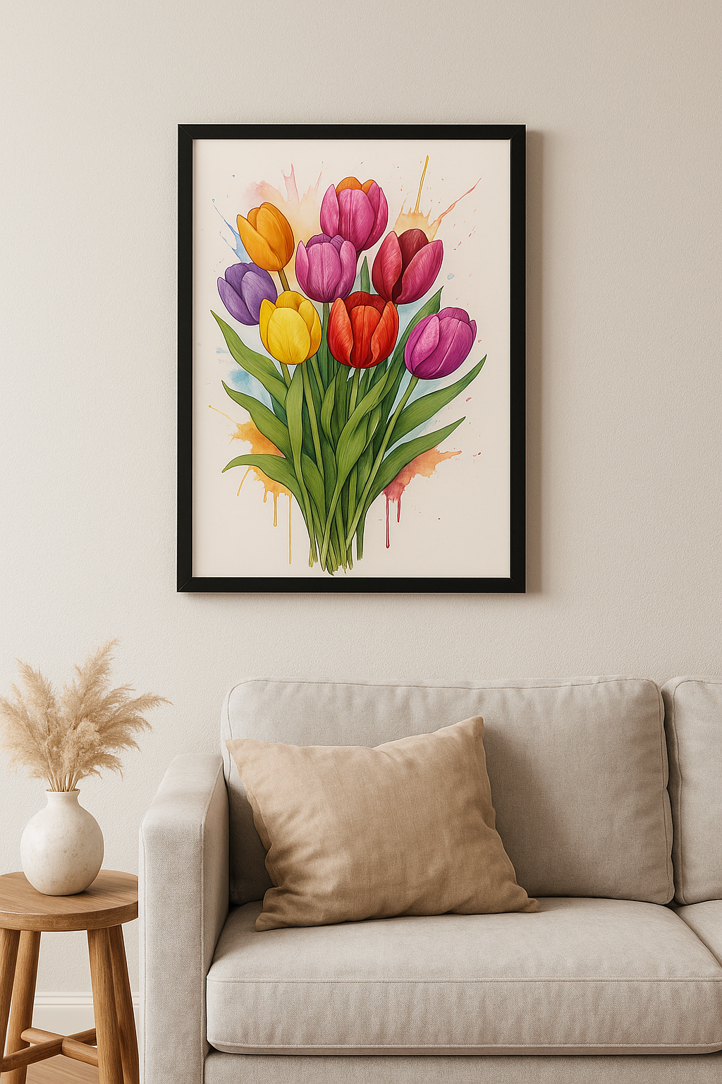 Vibrant Tulip Bouquet – Framed Watercolor Print